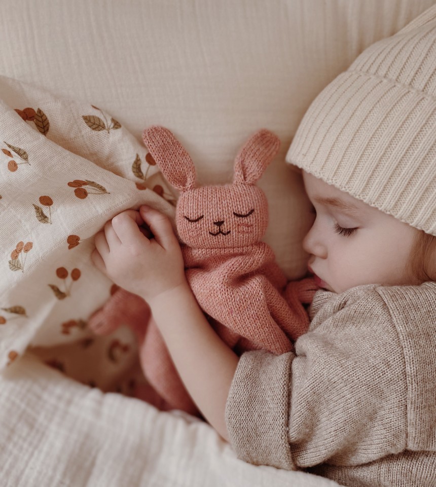 Main Sauvage Bunny Hanging Rattle/Paci Holder - Rose Main Sauvage Bunny Hanging Rattle/Paci Holder - Rose