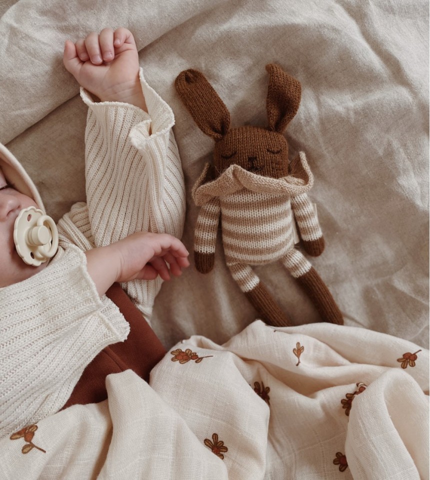 Bunny knit toy | sand striped romper Bunny knit toy | sand striped romper