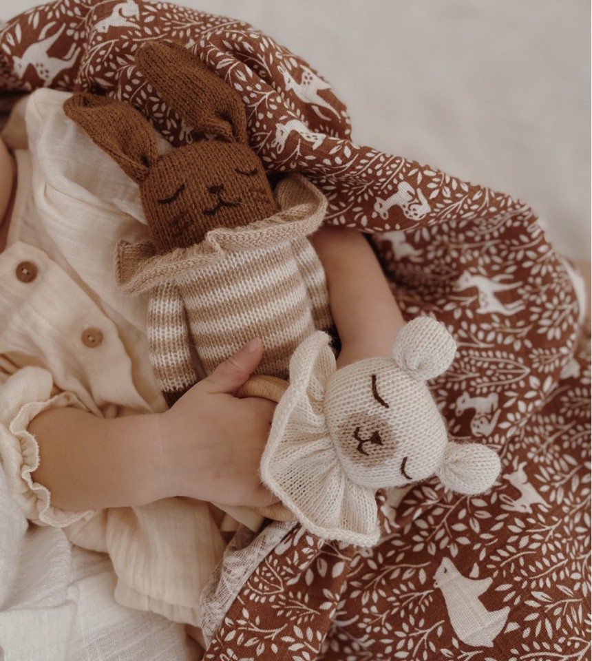 Bunny knit toy | sand striped romper Bunny knit toy | sand striped romper