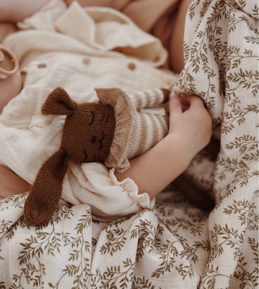 Bunny knit toy | sand striped romper Bunny knit toy | sand striped romper