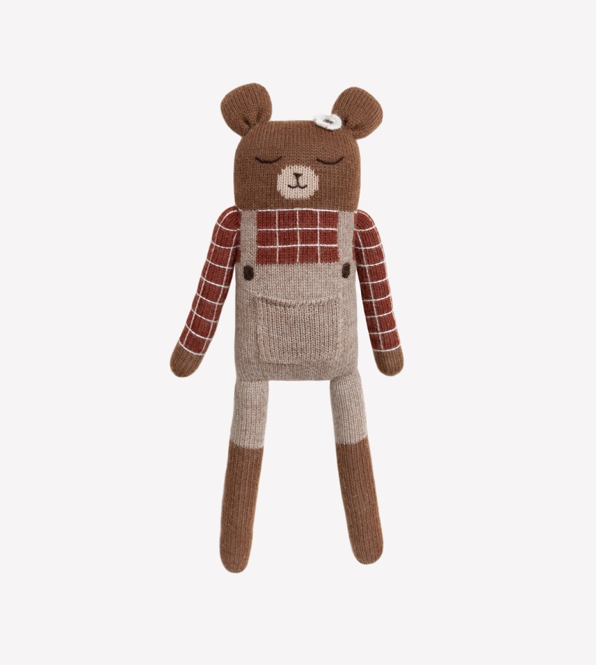 Grand doudou ourson | chemise à carreaux sienne