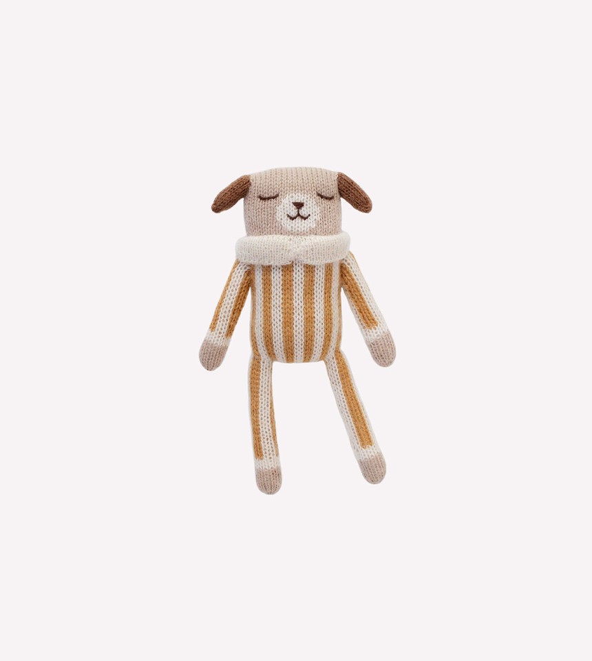 Puppy knit toy | ochre striped jumpsuit